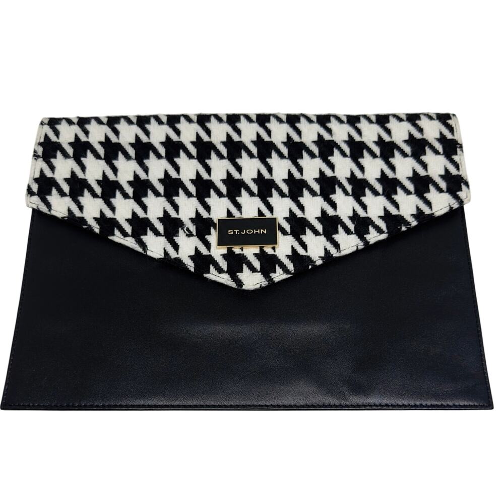 ST JOHN Houndstooth Black White Fold Over Leather Envelope Flap Clutch Purse Bag